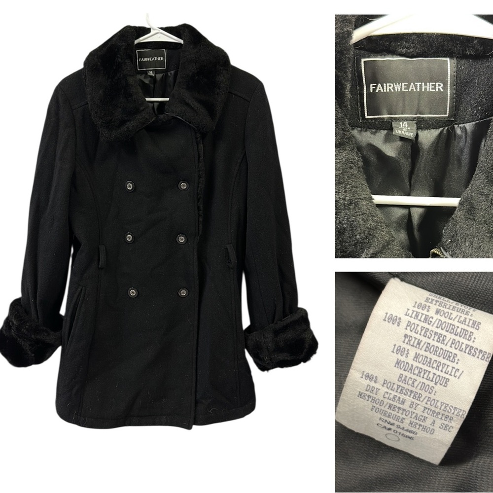 Wool Vintage Fairweather pea coat faux fur trim Says 14 Fits Like Womens Medium